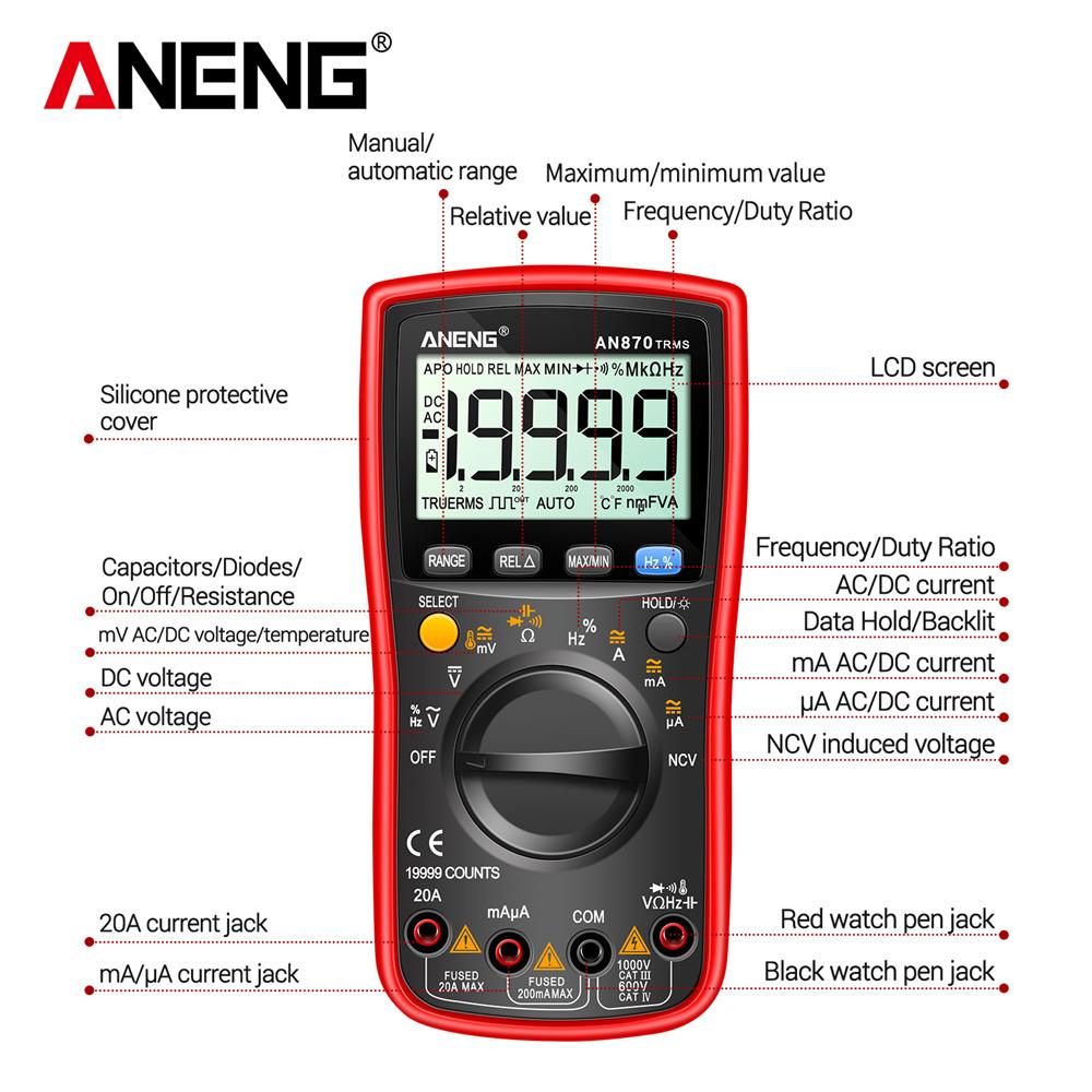 High Precision 19999 Counts Digital Multimeter True Rms Multimeters AC/DC Current Meter Voltimetro Profesional Voltage Tester ANENG AN870 VA Display