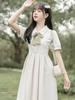 Summer New POLO Collar Waist Small Short-sleeved Dress Women's Bow Teaching Interview Medium and Long Dress