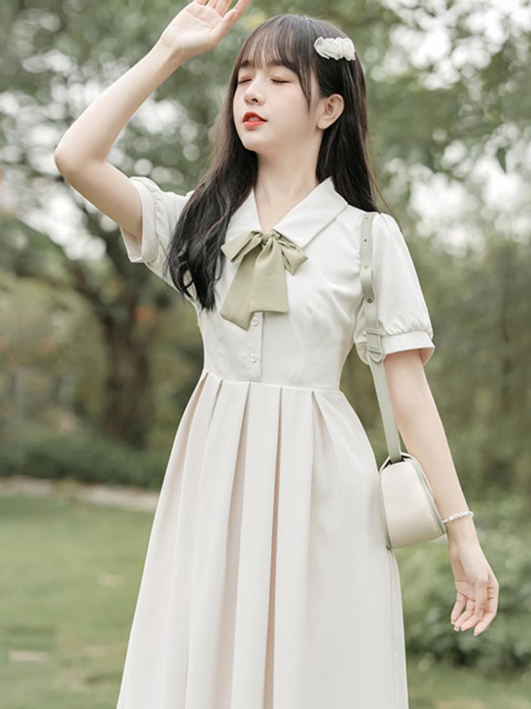 Summer New POLO Collar Waist Small Short-sleeved Dress Women's Bow Teaching Interview Medium and Long Dress