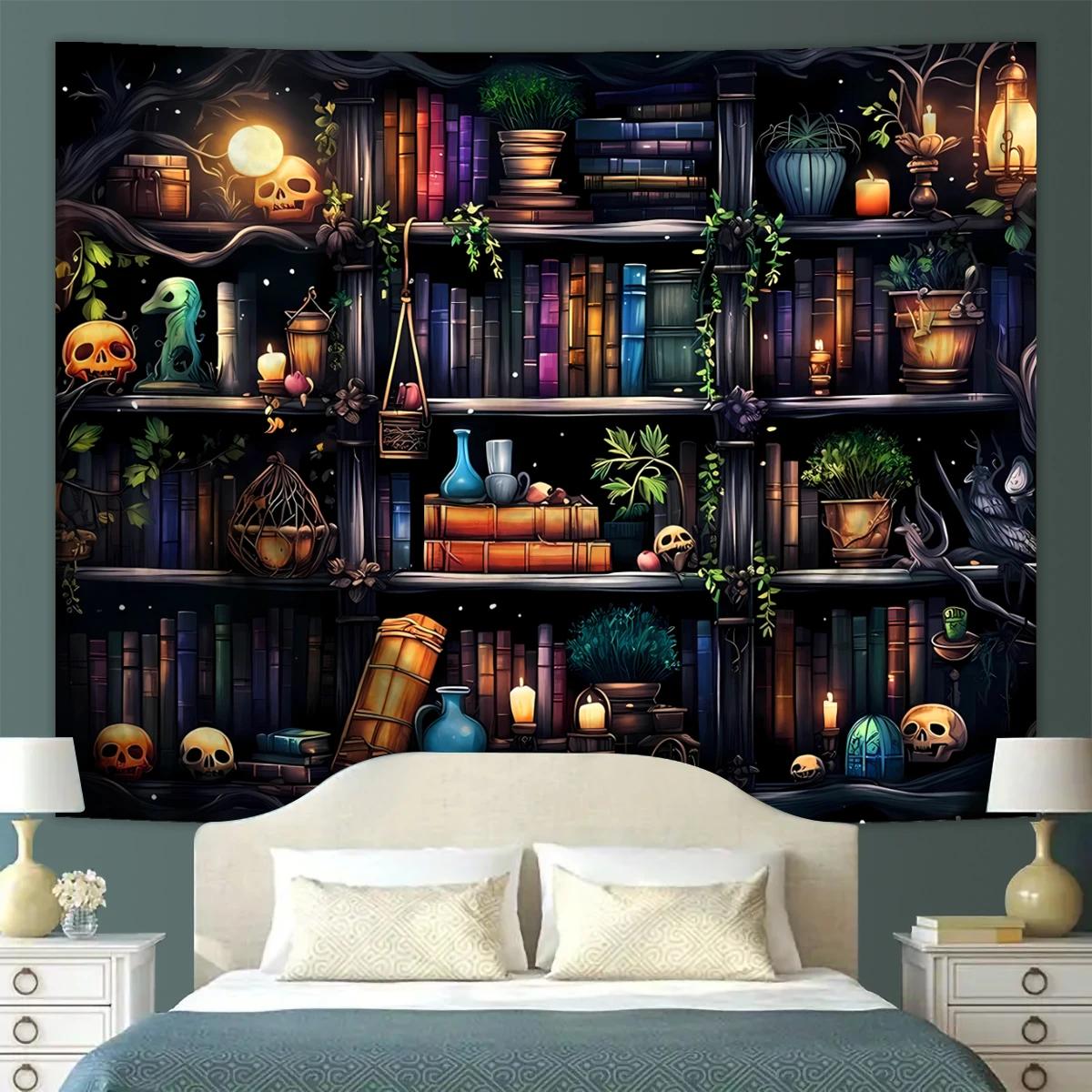 

VIKAMA Witchcraft Bookshelf Tapestry Mystical Dark Magic Wall Hanging For Living Room Bedroom Guesthouse Decor Occult Fabric Art 74x94cm(29x37in)
