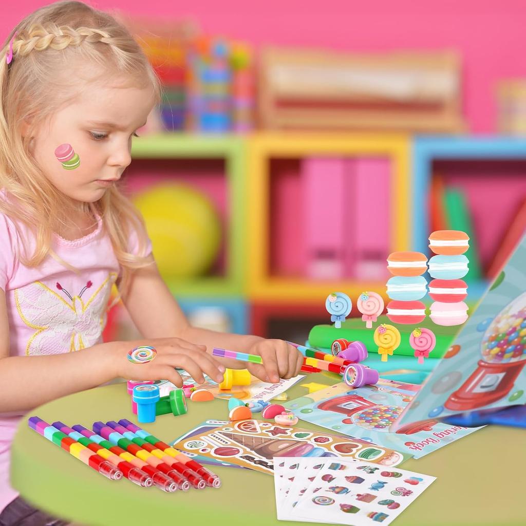 BenLouis 168Pcs Candyland Party Favors Ice Cream Donut Coloring Book Crayon Stickers Set Bulk for Kids Cupcake Lollipop Sweet Treats Birthday Gift