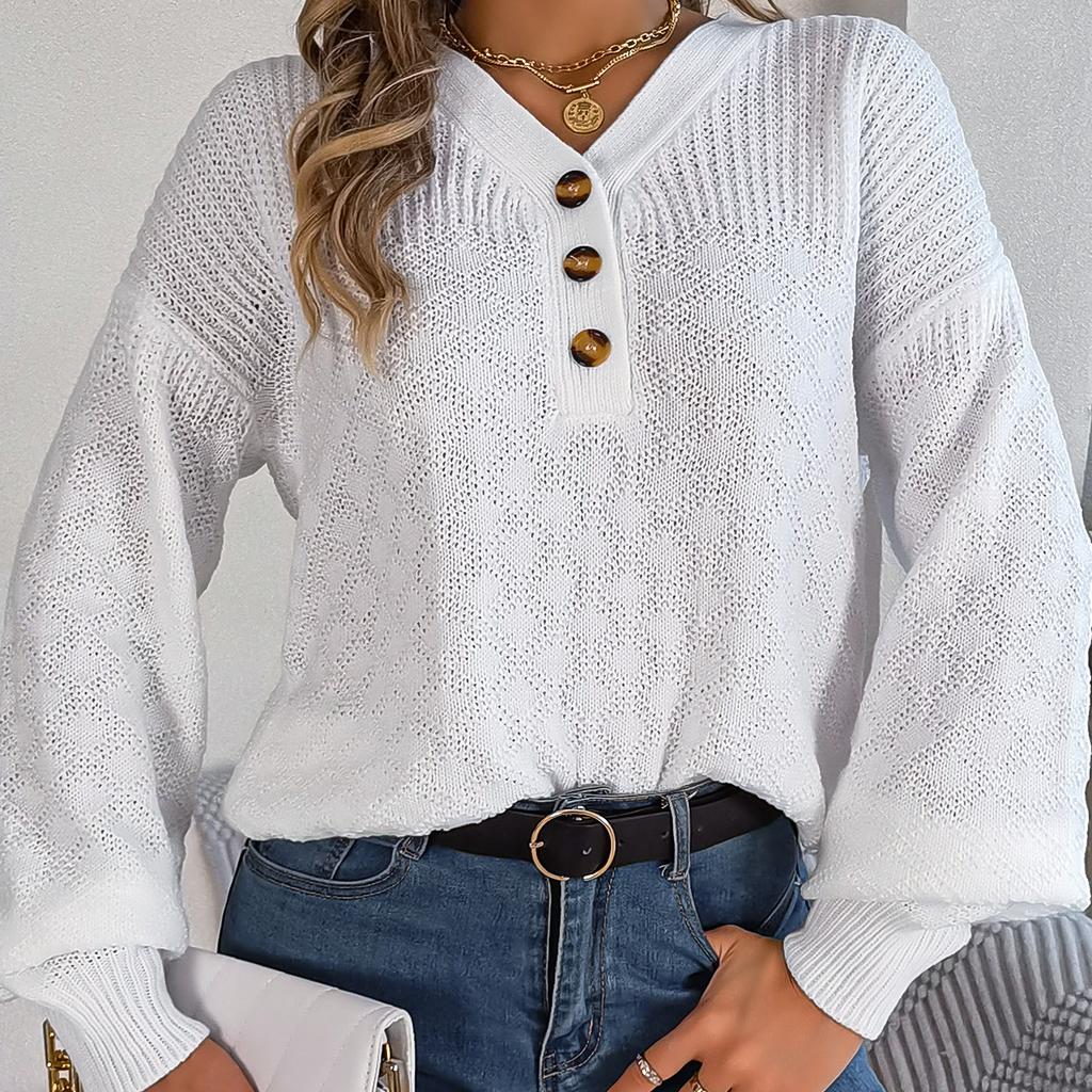 GMXIA Women's Fashion Casual Solid Color Autumn Winter Long Sleeve V-neck Loose Button Up Lantern Sleeve Pullover Sweater