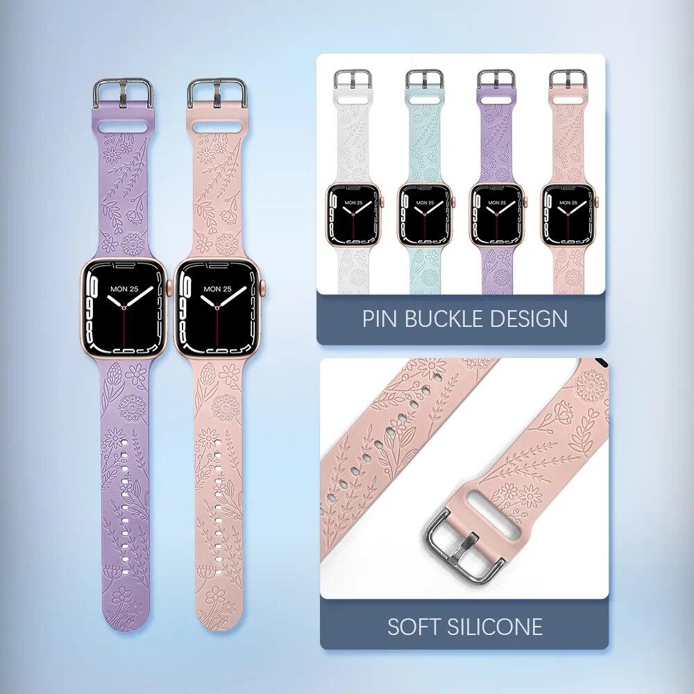 Engraved Flower Strap for Apple Watch Ultra Band 49mm 44 40mm 45mm 41mm 38 42mm Fashion Silicone Bracelet Iwatch Series 8 7 Se 6