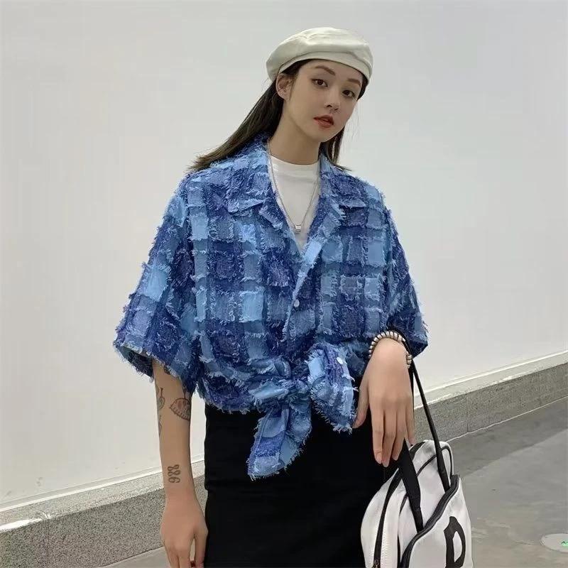 

Необработанные края женская рубашка лето осень повседневный воротник-лацкан дамские блузки темперамент мода с коротким рукавом одежда M синий