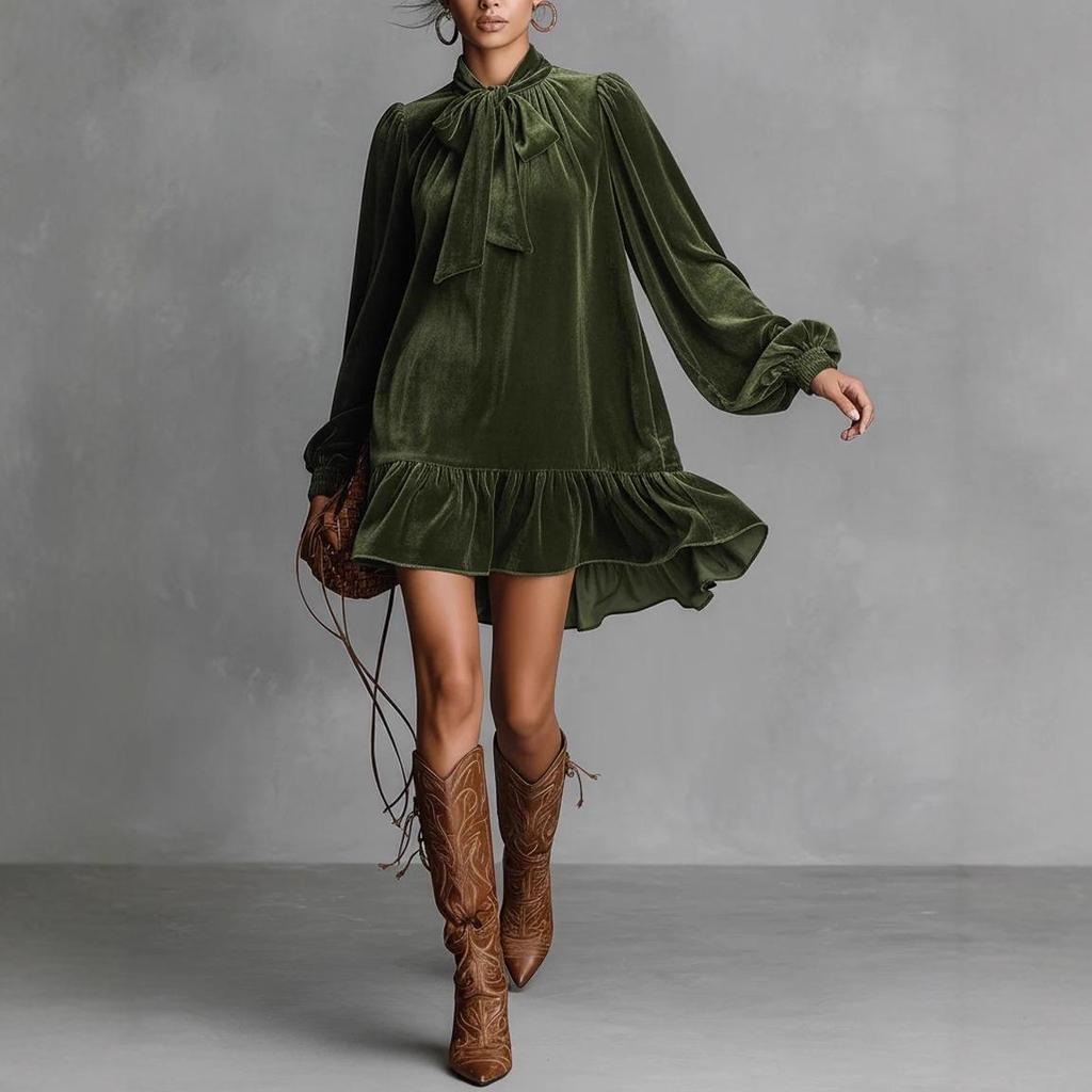 Women's Elegant Retro Long Sleeve Solid Color Dress