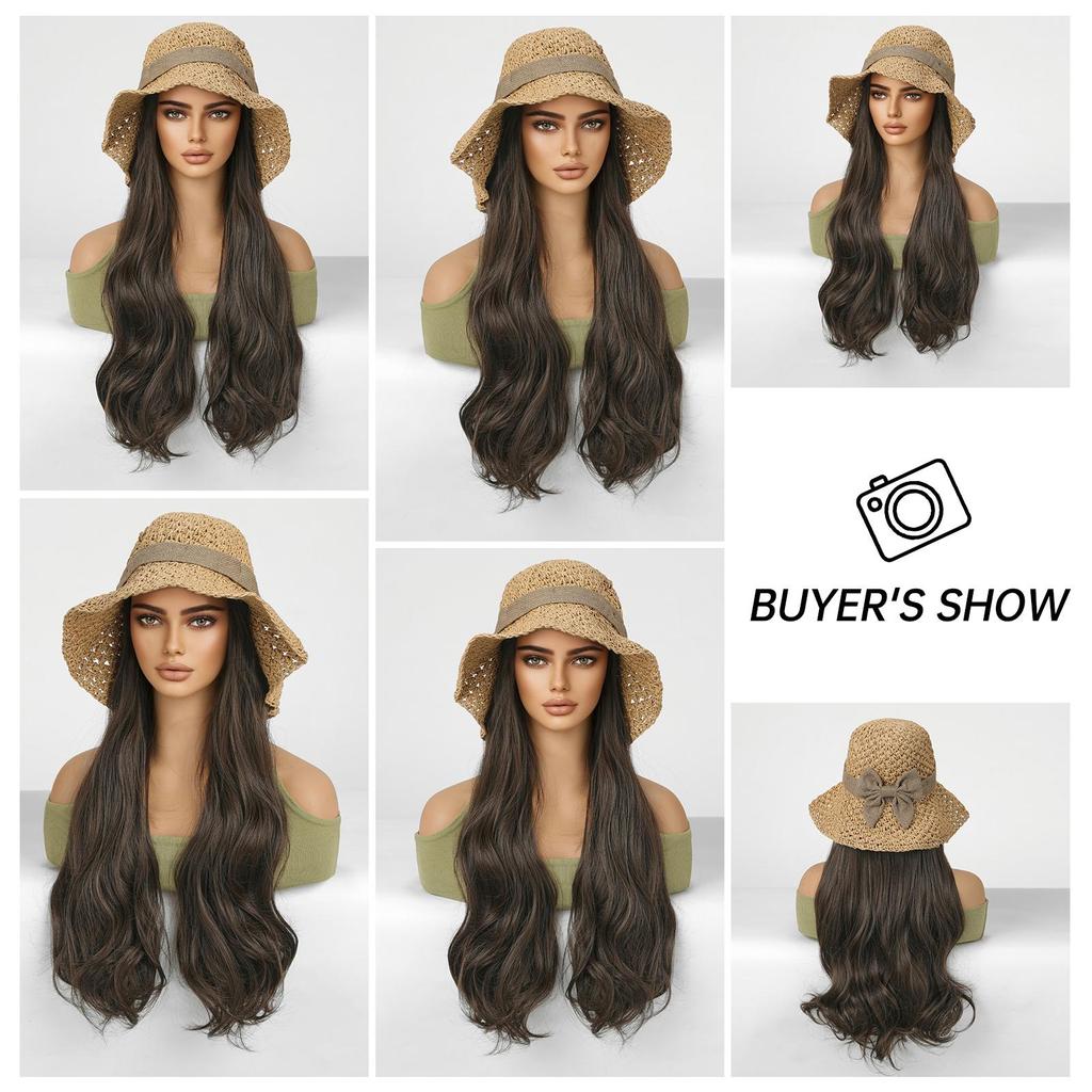 ALAN EATON Hat wigs Cap Brown Color Hair Extension Connect Summer Straw Hat for Women Heat Resistant Fiber Breathable Hat