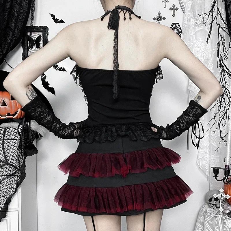 AltGoth Gothic Hotsweet Camisole Damen Vintage Ästhetik Y2k E-Girl Hipster Spitze Patchwork Neckholder Crop Tank Tops Cosplay Kleidung