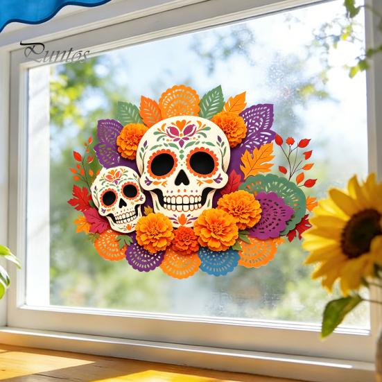 Waterproof Vinyl Graphics Day of The Dead Window Static Sticker, Flower Skull Decorative PVC Removable Home Ornament Decals, Halloween Glass