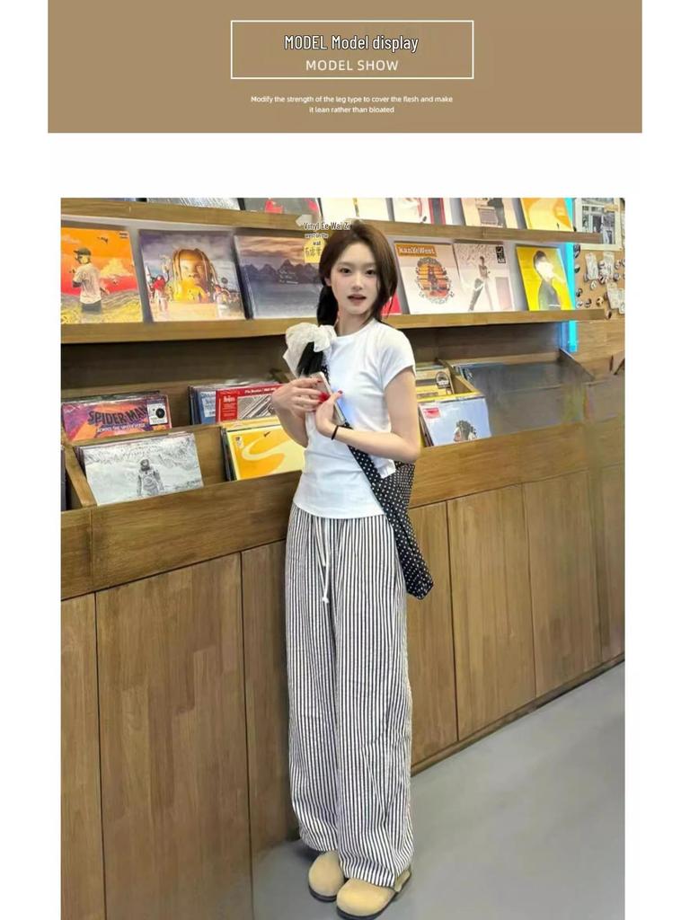 Petite High-Waisted Black & White Striped Wide-Leg Drawstring Pants