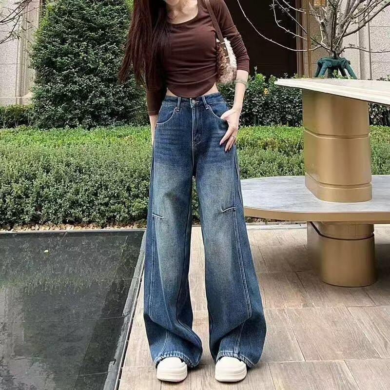 

Women s Trendy High Waist Retro Wide Leg Jeans - Autumn Floor-Length Style Large синий