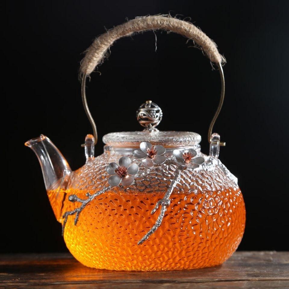 Handgefertigte Teekanne aus hitzebeständigem Glas im chinesischen Stil mit Pflaumenblütendesign – Hitzebeständiger Blumen-Teekessel mit Henkel
