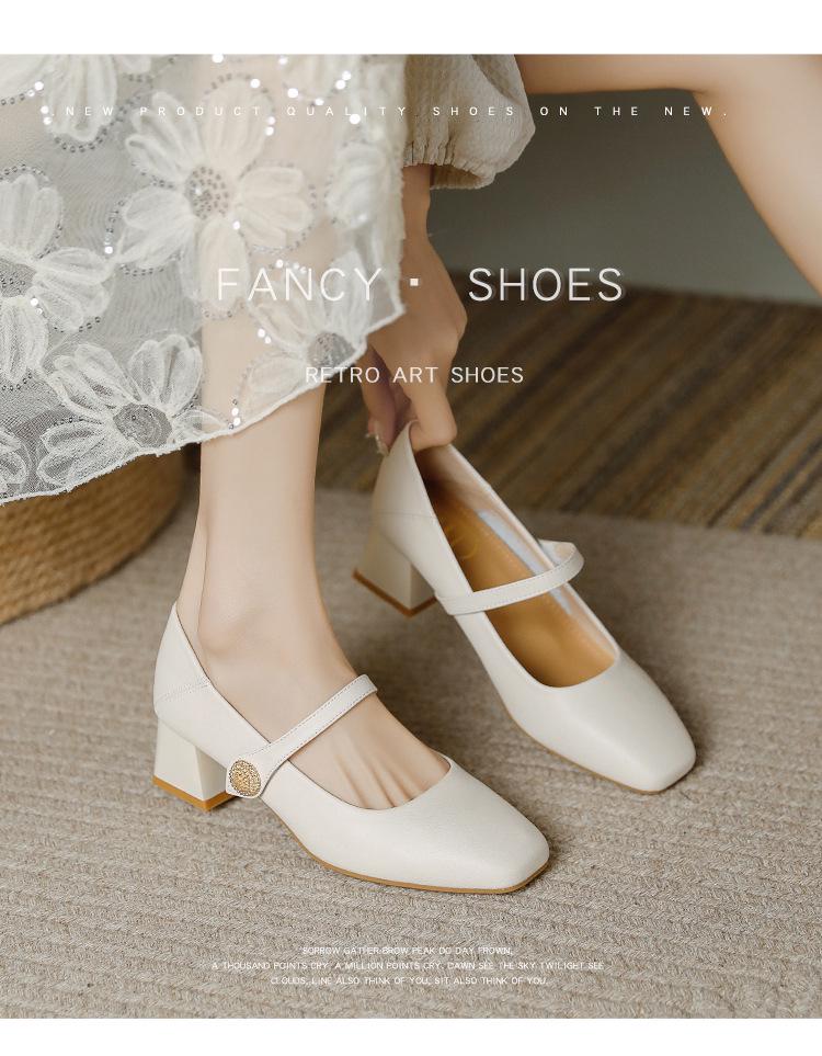 Genuine Leather Chunky Heel Mary Janes - Low-Cut, Soft Sole & Upper for Casual Wear in Spring & Autumn