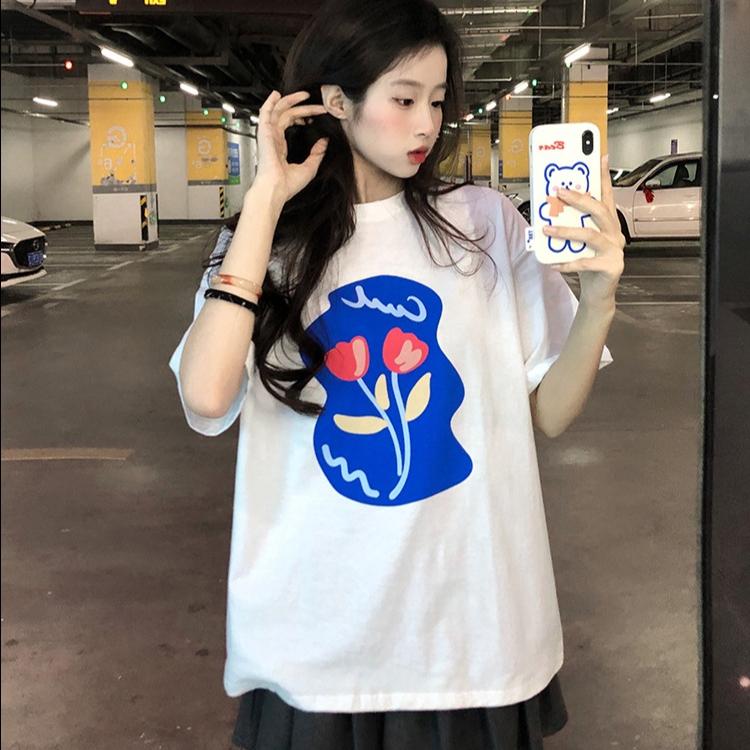 Summer Women's T Shirt Flower Print Casual Short Sleeve T-Shirts Fashion Streetwear Crew Neck Pullover Female Oversized Clothing
