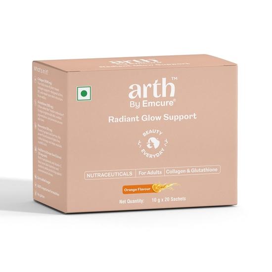 Arth by Emcure Radiant Glow Support Plant Based Collagen with Glutathione, 0N X 10g Easy To Carry Sachets | 20 Day Pack |