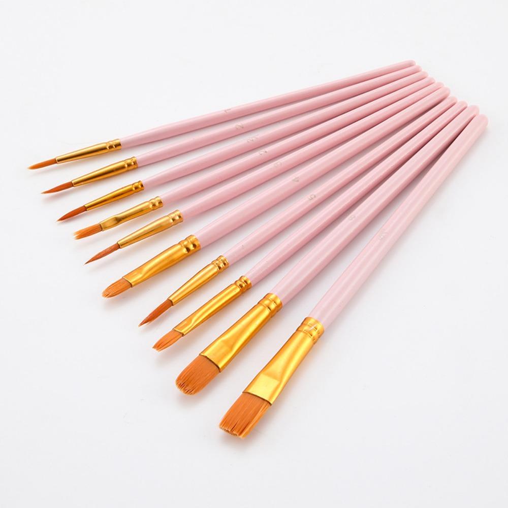 10 Nylon Brush Sets, Wooden Poles, Watercolor Paint, Oil Painting Brushes, Student Art Painting Brushes