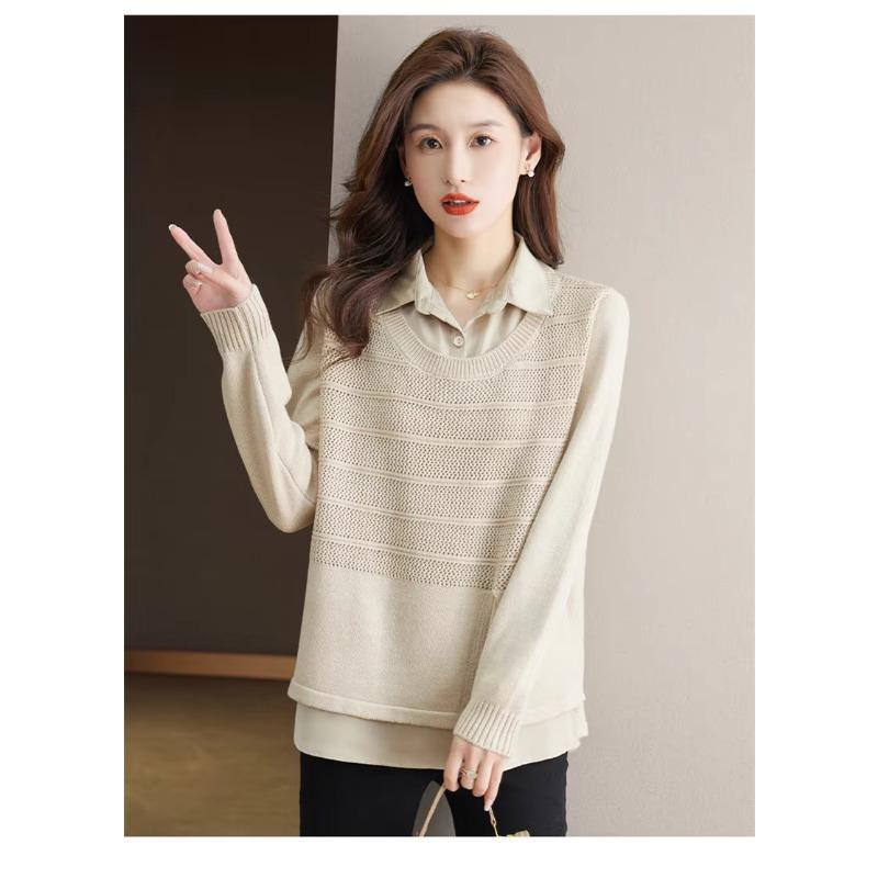 Korean Fake Two-piece Shirt Knitted Women's Spring Autumn Fashion Loose Sweater Bottoming Shirt Knitwear
