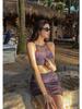 2025 Vintage Korean Striped Backless Tie-Up Swimsuit with Split Skirt for Women