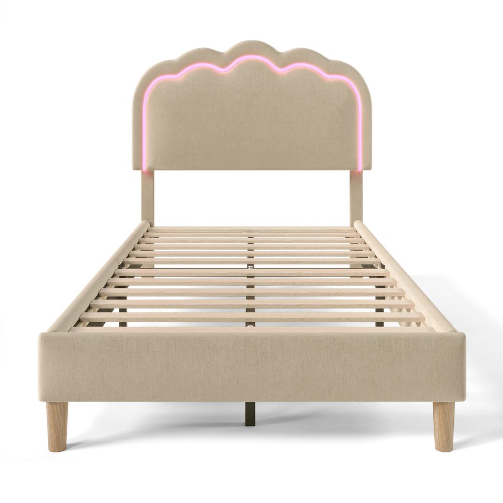 Upholstered Bed LED Single Bed 90 X 190 Cm, Slatted Frame and Adjustable Headboard, In Beige, Youth Bed for Bedroom Guest Room - Linen Material