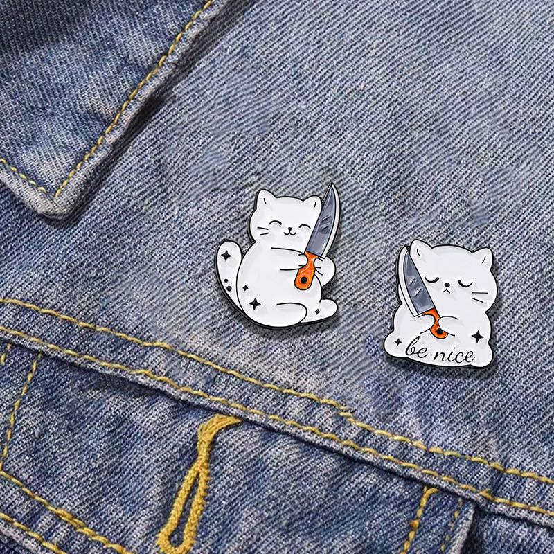 Cute Cartoon White Cat Small Knife Dagger Enamel Brooch Creative Animal Lapel Pin Badge Backpack Clothing Hat Accessories