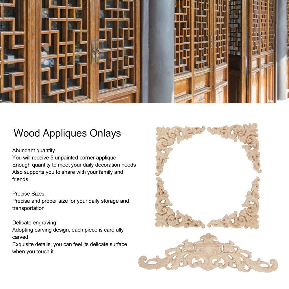 5Pcs 8cm Wood Appliques Onlays Hand Carved Corner Onlay Applique For Cabinet Door
