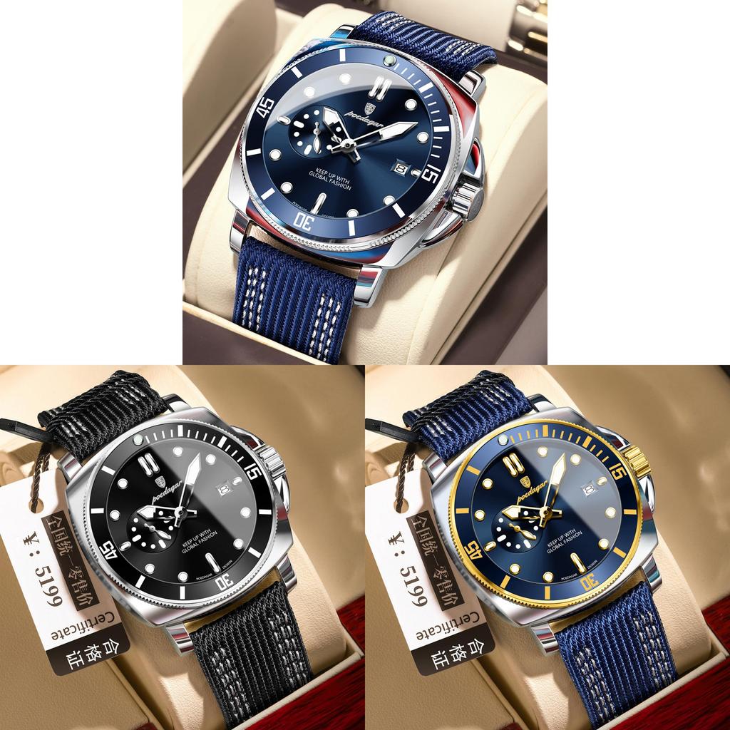 Leather Strap Mens Watch With Luminous Dial Waterproof Quartz For Casual Wear