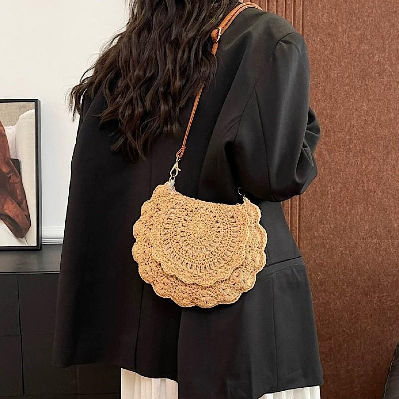 

Круглая ажурная хлопковая вязаная сумка через плечо, однотонная, соломенная, пляжная, в западном стиле, милая