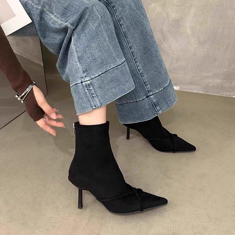 

Vintage Women Ankle Boots Fashion Pointed Toe Thin High Heels Shoes Party Prom Elastic Slim Botas Para Mujer 2026 New 35 чёрный