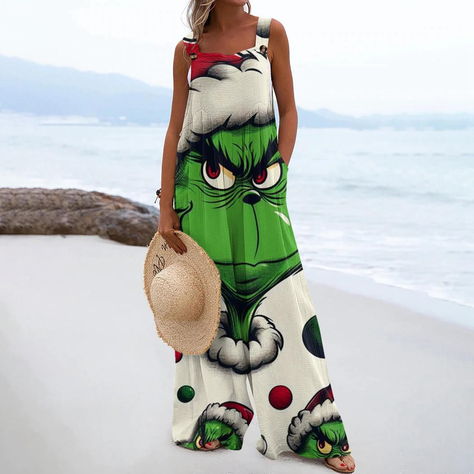 

Wide Leg Overalls For Women Casual Loose Sleeveless Print Button Long Pant Romper Jumpsuit With Pockets XL зелений