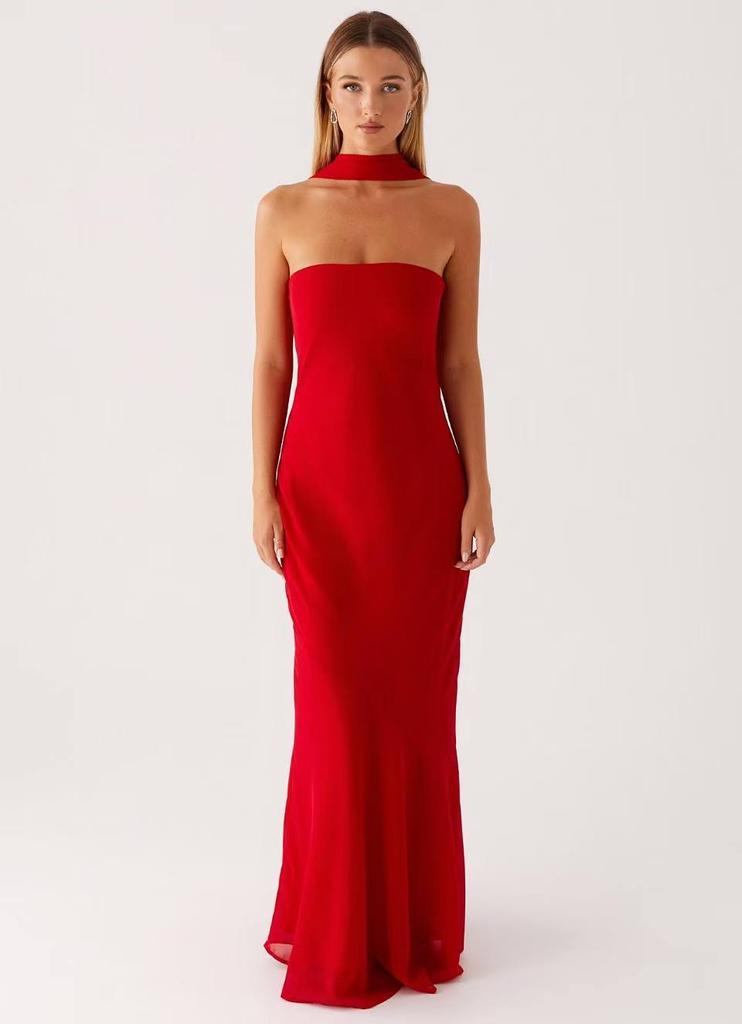Maxi Abito in Chiffon Floreale Francese con Zip per Vacanze Estive al Mare