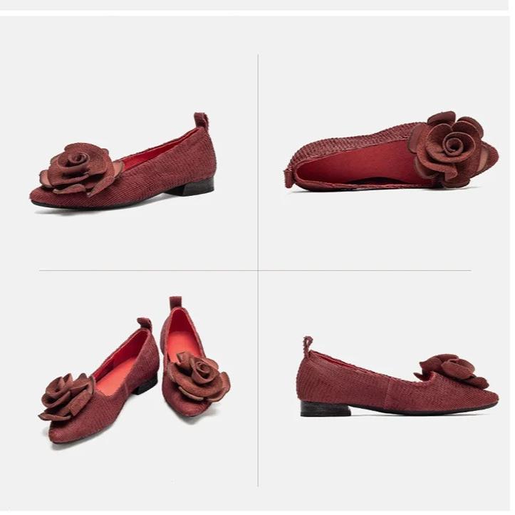 Johnature Genuine Leather Flower Low Heeled Shoes Retro Lightweight And Comfortable Women's Slip-on Shoes