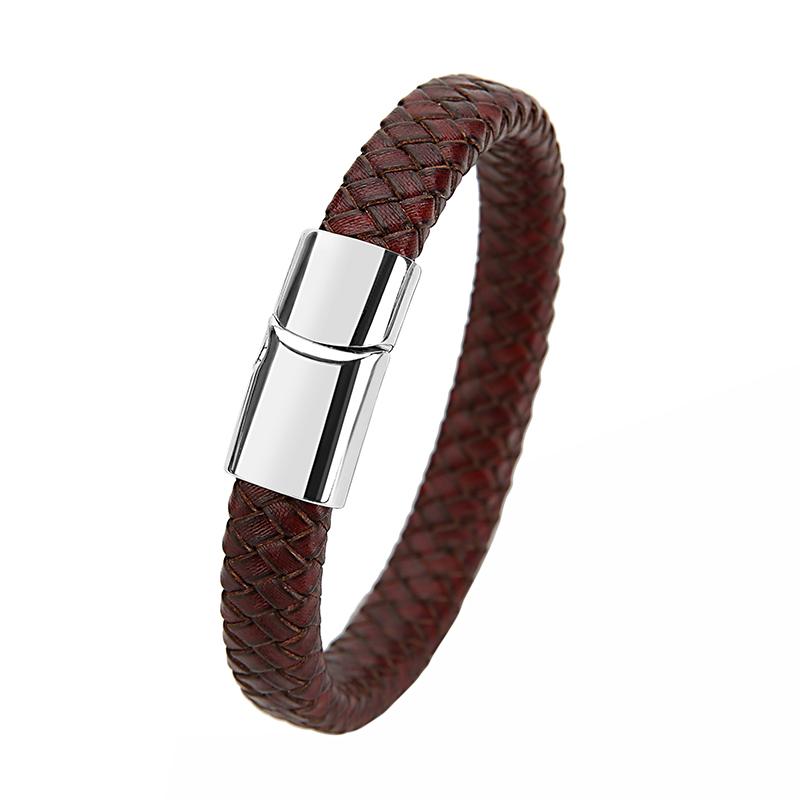 Mibrow Czarna Skórzana Pleciona Bransoleta Męska Rozmiar 10x5 12x6mm Modny Metalowy Magnetyczny Zapięcie Bransolety Owijane Punkowy Charm Biżuteria Męska
