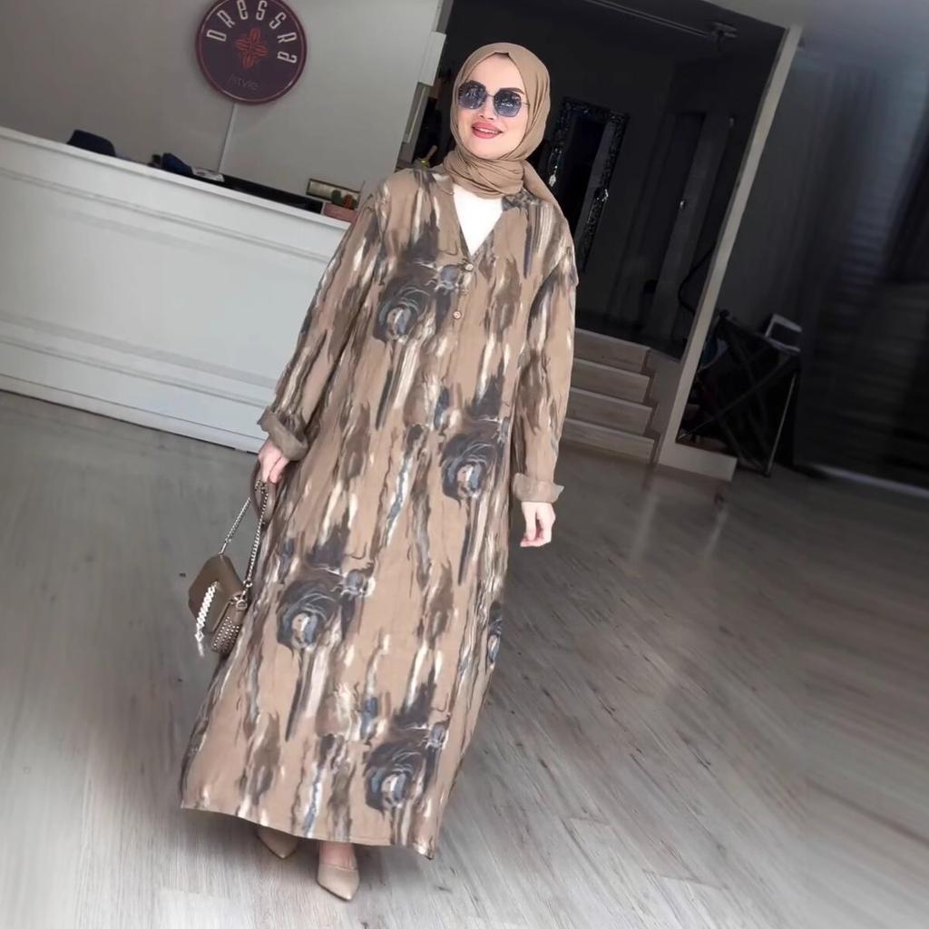 Middle East Arabian Women's Summer New Fashion Casual Printing V-Neck Single-breasted Shirt Dress