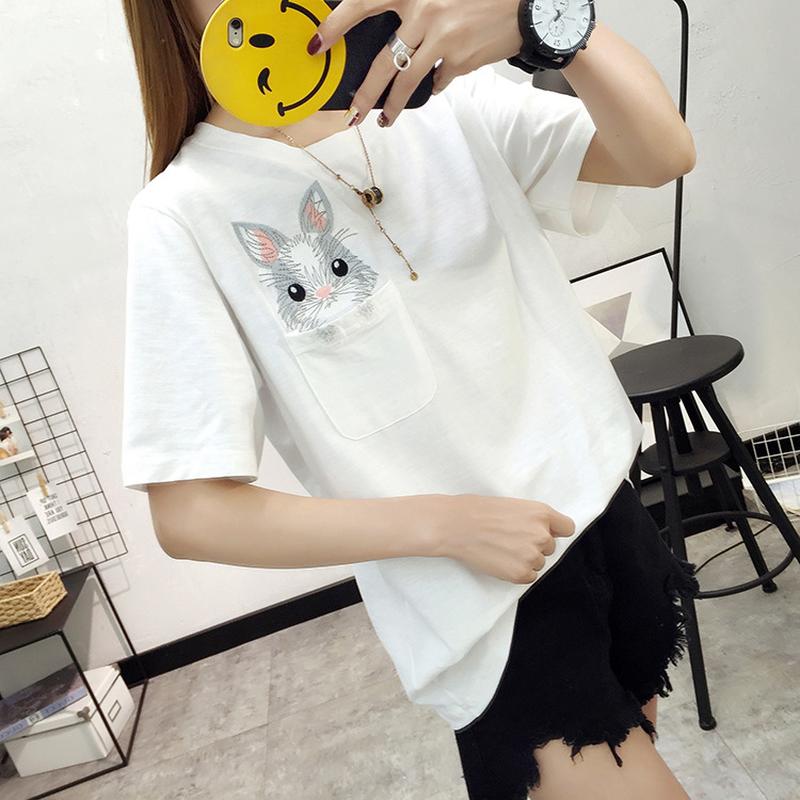 Damen Baumwoll-T-Shirt Mode Cartoon Niedlich Tasche Stickerei Hase Locker Kurzärmliges T-Shirt