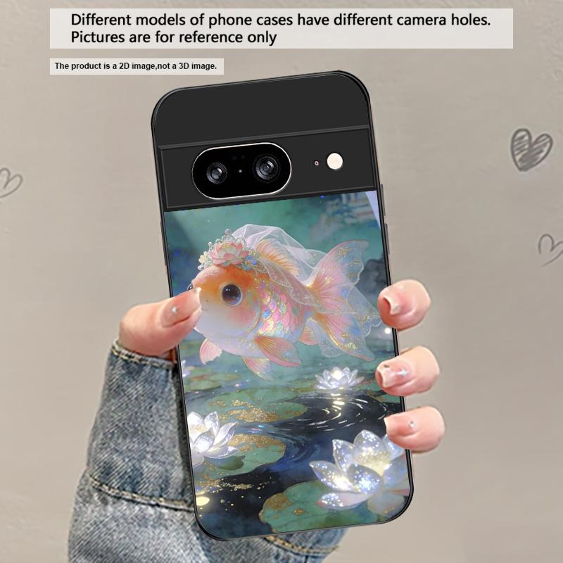 

Cute white veil goldfish For Google Pixel 8 7 9 10 Pixel 10 Pro XL Pixel 9 Pro XL Pixel 8a 7a Pixel 7 Pro Black Glass Phone Case Google Pixel 7