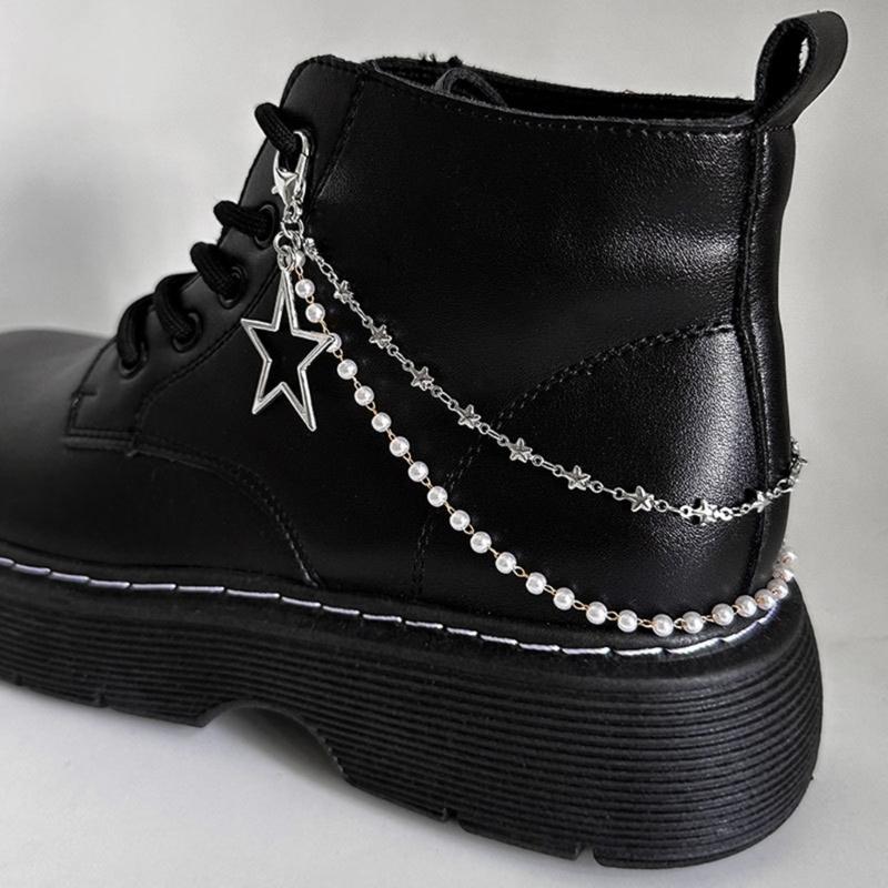 Doppellagige Schuhkette Canvas Schuhe Ketten Punk Stil Stern/Herz Perlen Schuhschnallen Schmuck Trendy Y2k Accessoires