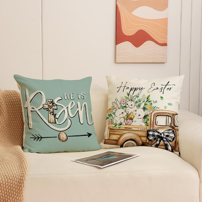 Easter Bunny Flower Pillow Cover Linen Print Home Cushion Cover Holiday Decorative Sofa Cushion Cover