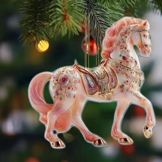 Horse Christmas Ornaments Glitter Rhinestone Horse Christmas Tree Hanging Ornament 2D Flat Acrylic Car Rear View Mirror Charm for Holiday Home Decor