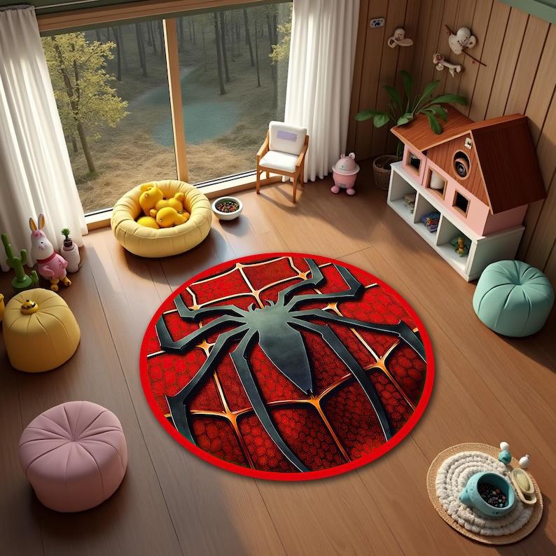 

Round Rug, Children Room Carpet with Spider Web Design, Non-Slip Cartoon Fan Mat for Playroom Bedroom Decor Diameter 100cm