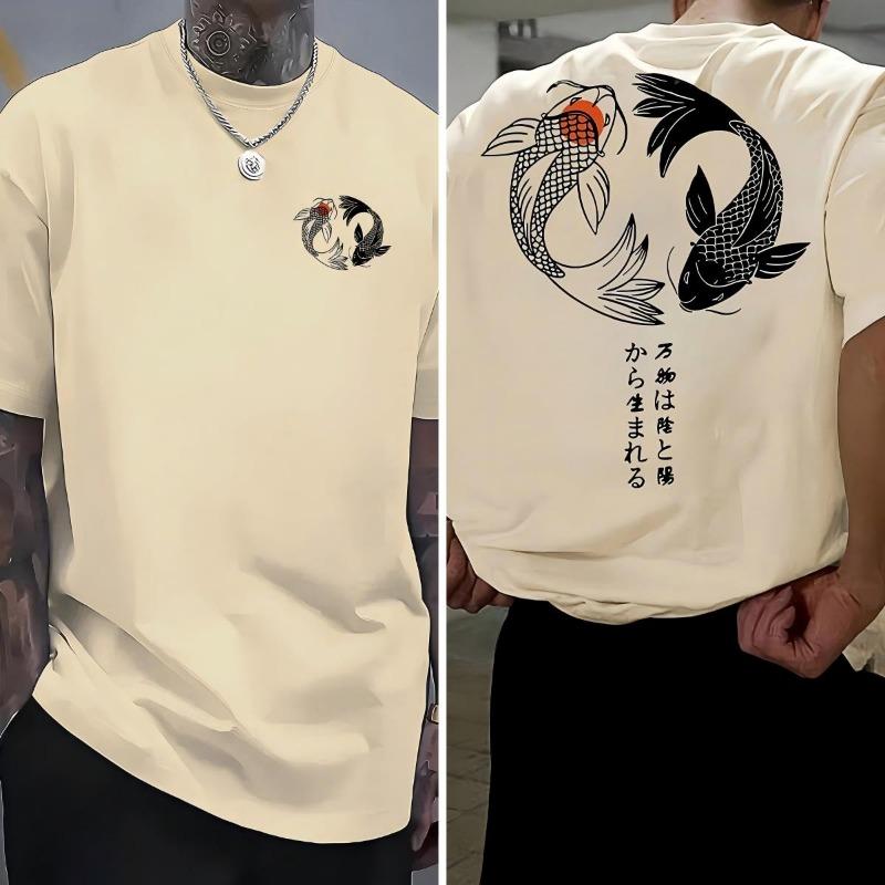 Japanese Koi Harajuku Illustration Pattern T-Shirts Men Summer Casual T Shirt Soft Fashion Short Sleeve Loose Cotton Sportswear