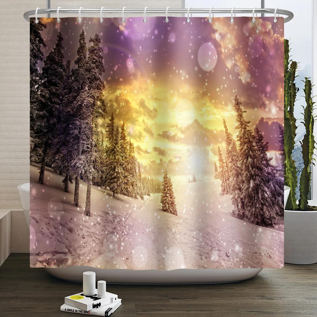 Christmas Shower Curtain Xmas Tree Winter Forest Snow Cute Snowman Bathroom Shower Curtain Waterproof Bath Curtain With Hook