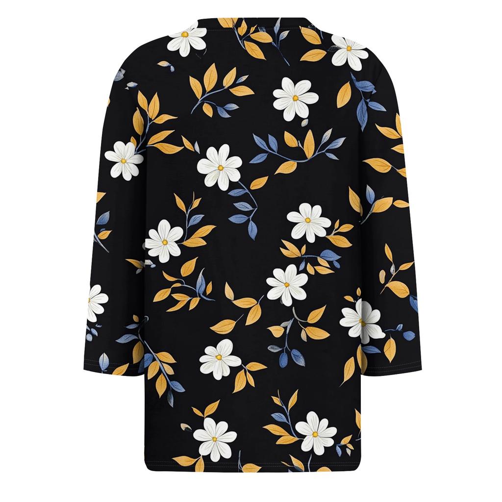 Women's Fashionable Casual Round Neck T-Shirt With Floral Print And Three-Quarter Sleeves