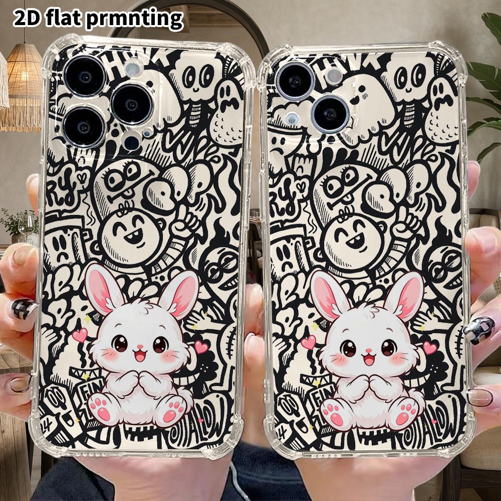 Phone Case: 2D Flat Suitable for iPhone 18 17 16 15 14 13 Pro, Transparent with Corner Protection, Cute White Rabbit, Christmas and Halloween Gift