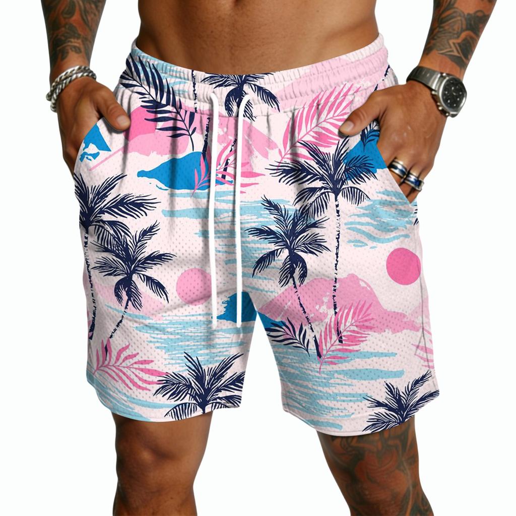 Herren Freizeitshorts mit Kordelzug Leichte Schnelltrocknende Fünf-Punkt-Länge Strandbekleidung Hawaiianischer Print Sommer Sportbekleidung