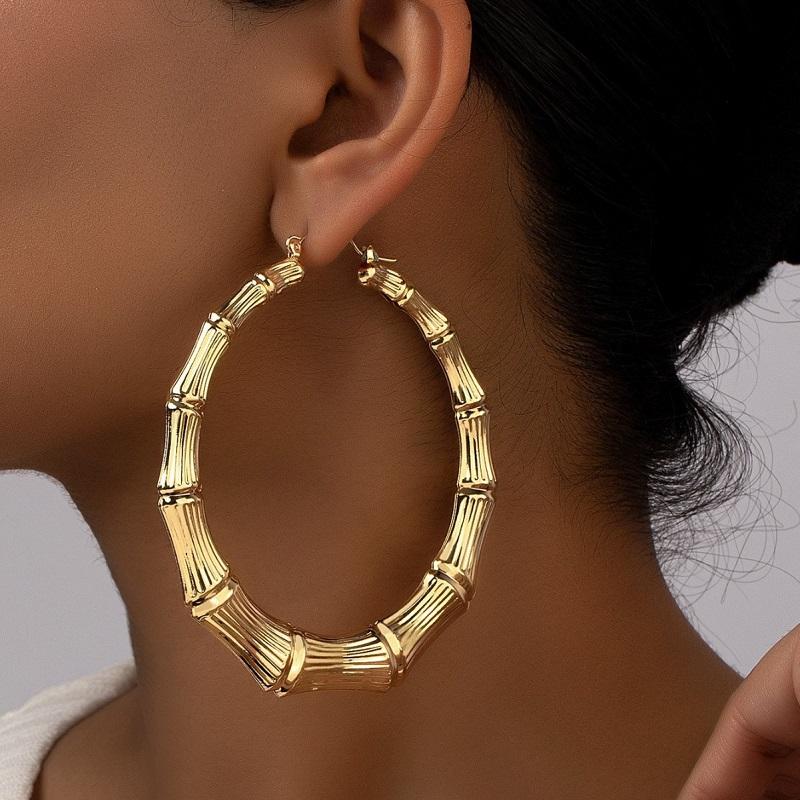 Exaggerated Large Bamboo Joint Hoop Earrings For Women Fashion Gold Color Circle Round Geometric Earrings Zircon Party Gifts