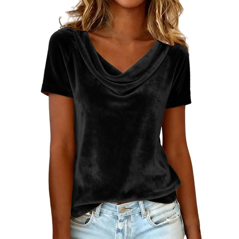 Top T-shirt da donna in velluto a maniche corte con colletto a balze