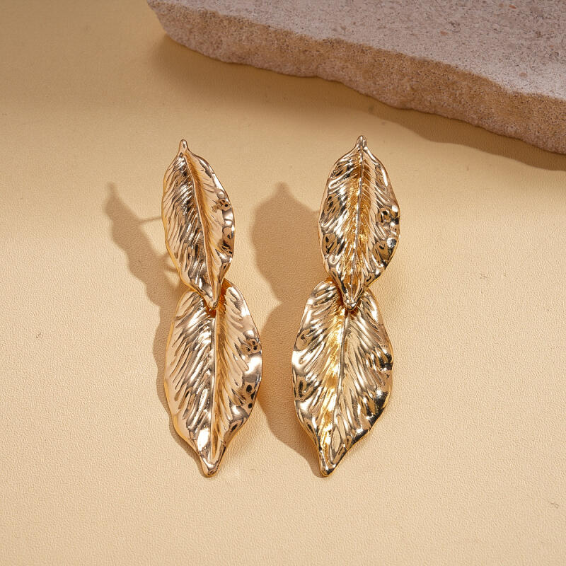 Metallic Double Leaf Texture Dangle Earrings for Women Ladies European and American Style Earrings Vacation Jewelry Accessories