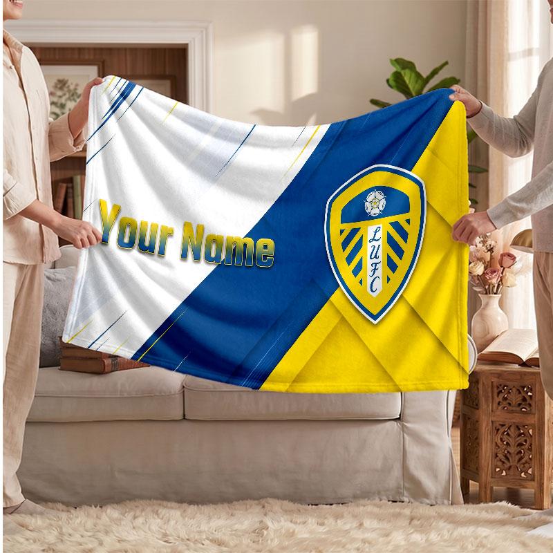 Leeds United Personalized Fleece Blanket With Football Logo, Custom Name Text Soft Warm Home Throw Blanket