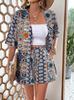 2025 Elegant Two-Piece Vacation Print Set: Short Sleeve Tie-Waist Shirt & High-Waist Shorts