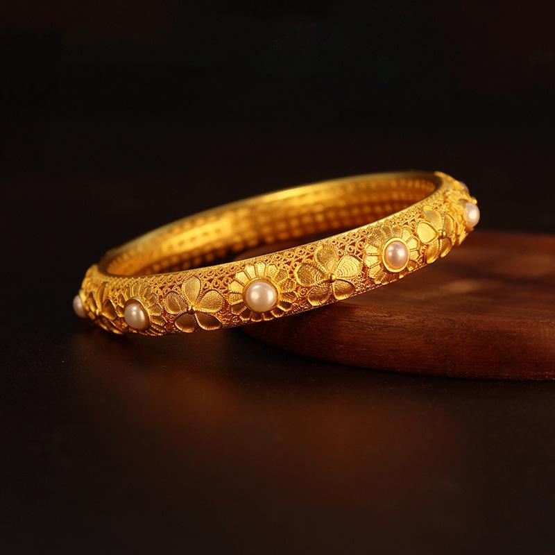 

Браслеты из чистого 14-каратного золота с жемчугом и филигранью, браслет для женщин, браслеты золотого цвета, изысканные роскошные ювелирные изделия, женские аксессуары