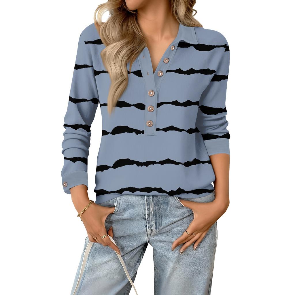 Women's Retro Street Lazy V,neck Long Sleeve Button Striped Pullover Top